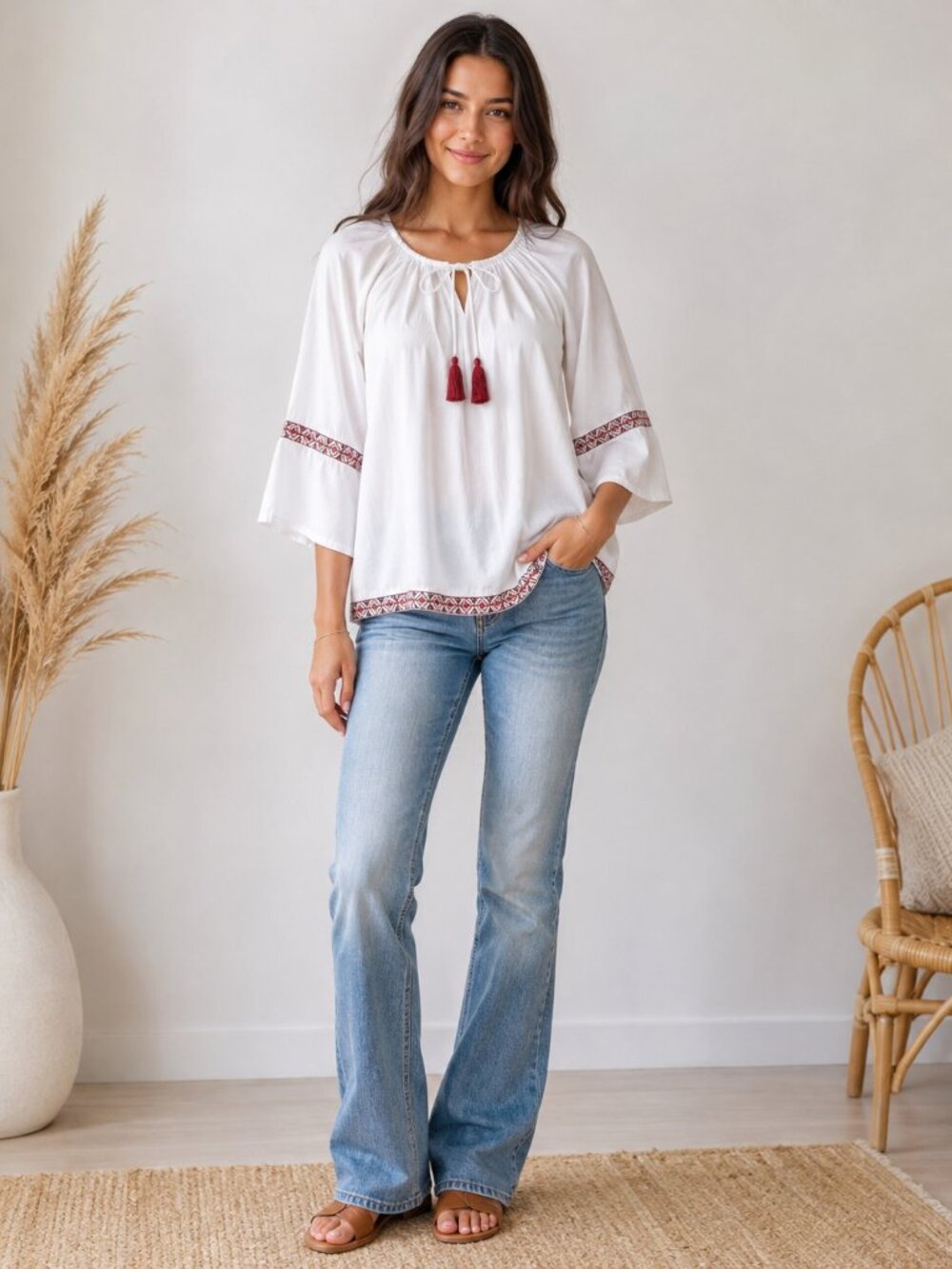 NWT Deja Bleu Boho Embroidered Tassel Peasant Blouse M